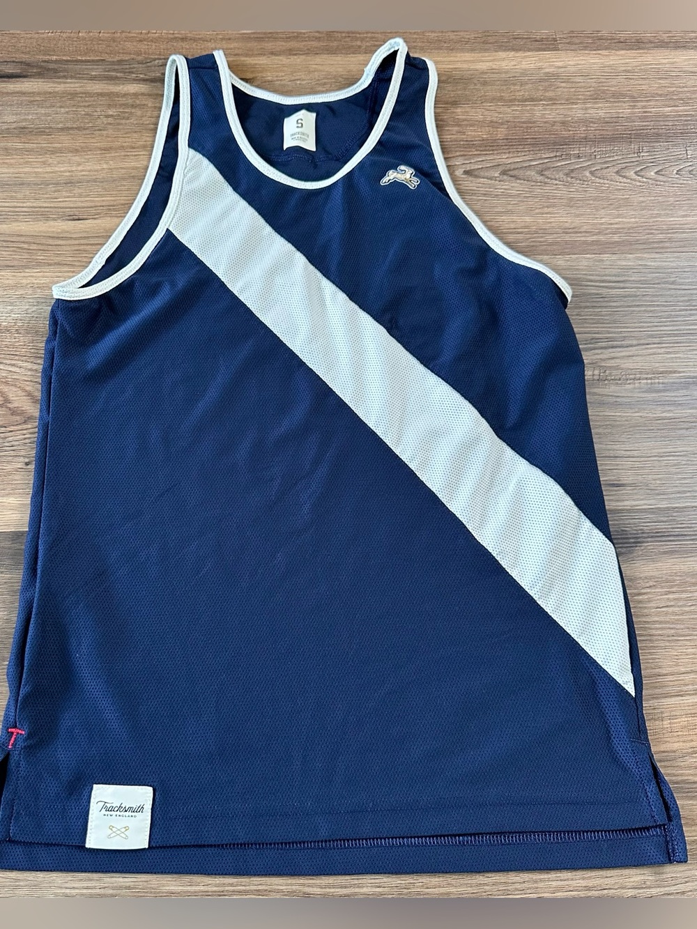 Tracksmith Shirt Mens SM Navy Blue Ivory Van Cortlandt Singlet Tank Top Gym Run